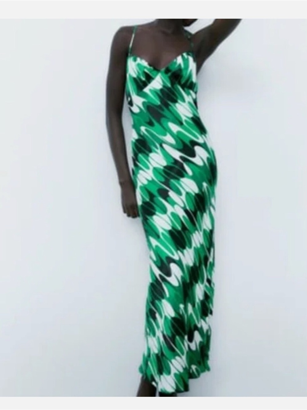 Zara Green & White Abstract-Print Slip Maxi Dress